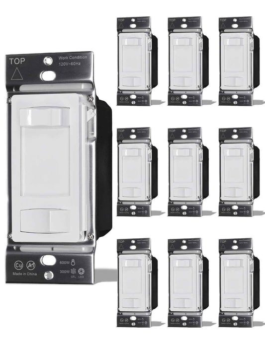 MOES Dimmer Light Switches 10pcs, 3 Way & Single Pole Dimmable Switch for LED,CFL,Incandescent,Halogen, 600Watt Max, ON/Off Switch with Dimming Slide, No Neutral Wire Required