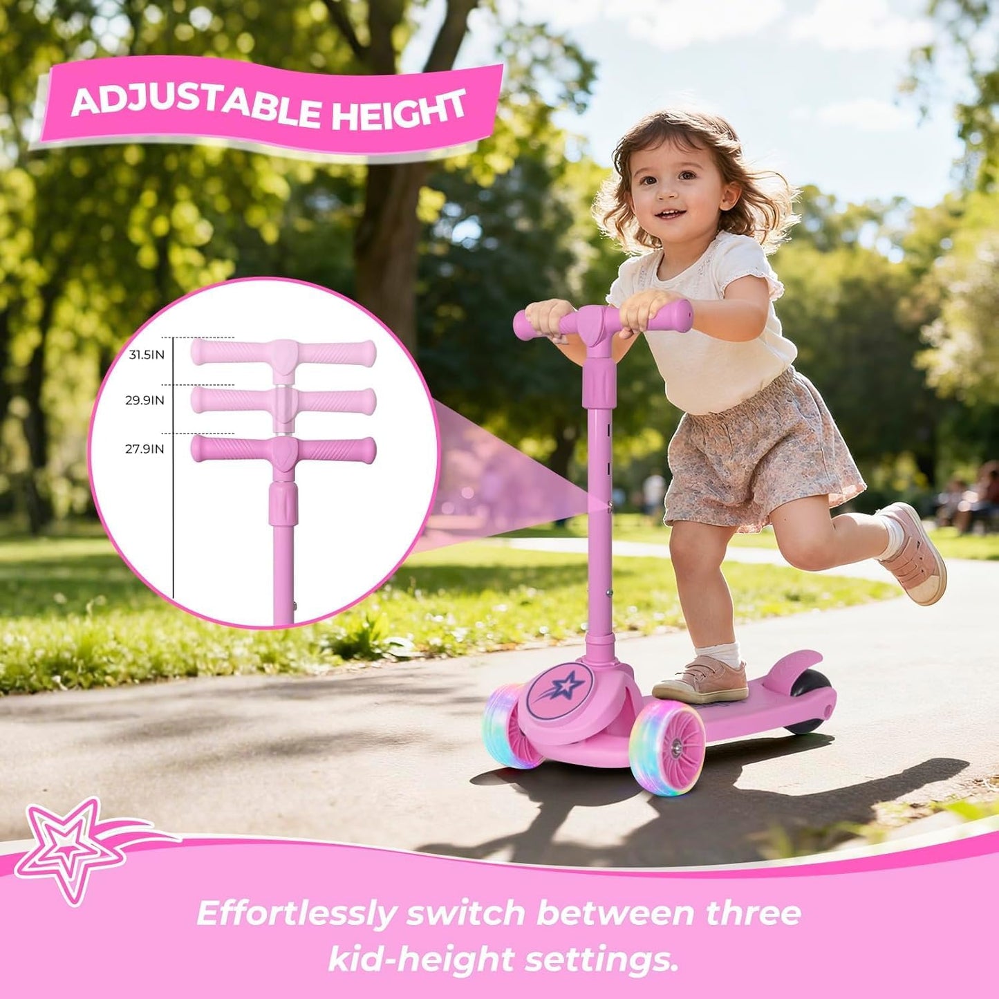 Nattork Kids Scooter - Light-Up Wheels, Adjustable Height Handlebars & Lean-to-Steer | For Ages 3-8, Up to 110 LBS