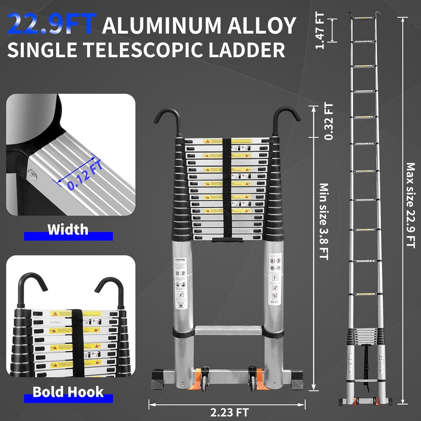 8.5 FT Telescoping Ladder - Lightweight Aluminum Extension Ladder with Stabilizers for Home & RV Travel