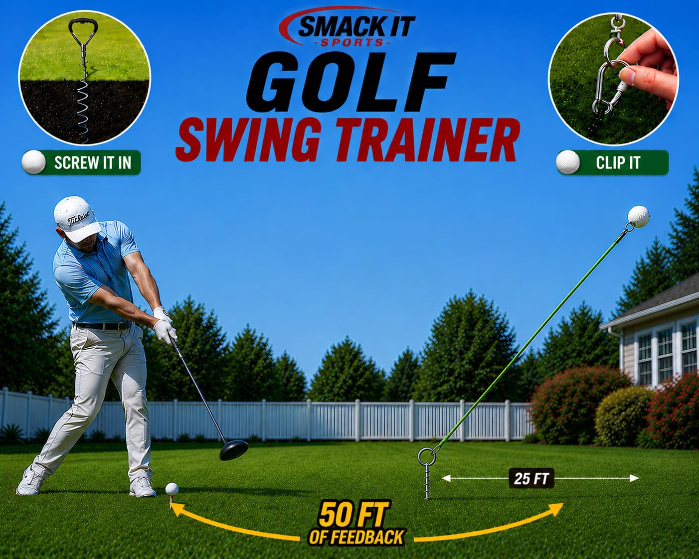 SWING AWAY! Golf Training Tool for Drivers & Irons - Practice Your Swing in The Backyard with A Real Ball & Experience 50 Feet of Flight Feedback - for Golfers of All Ages - Made in USA