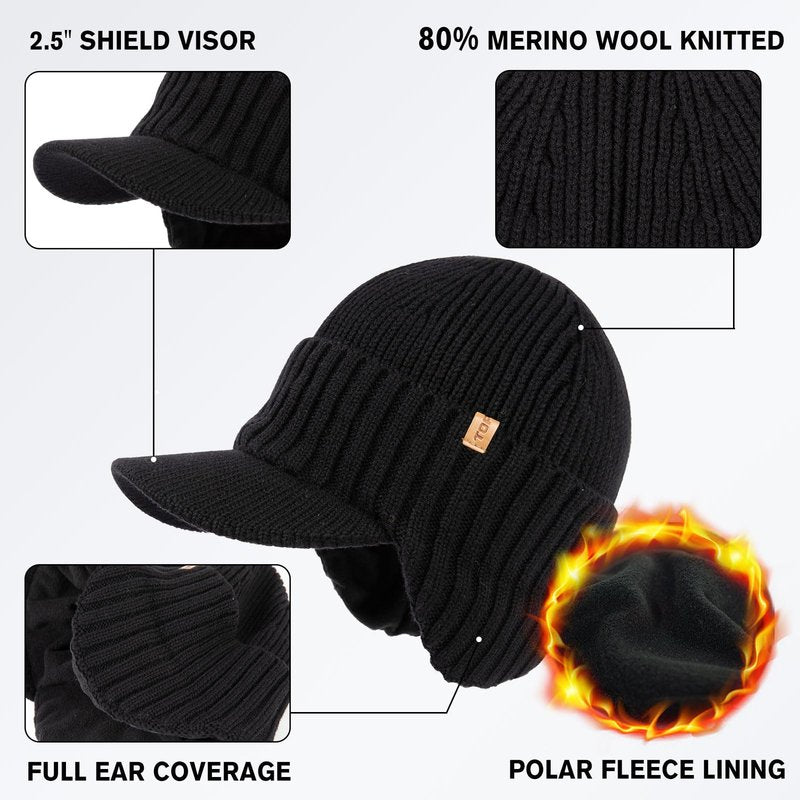 TOP-EX DryKnit™ Merino Wool Waterproof Hat with Brim and Ear Flaps Fleece Lined Beanie with Bill for Men Cold Weather Ski Outdoor Hunting for Big Head Black XL/XXL