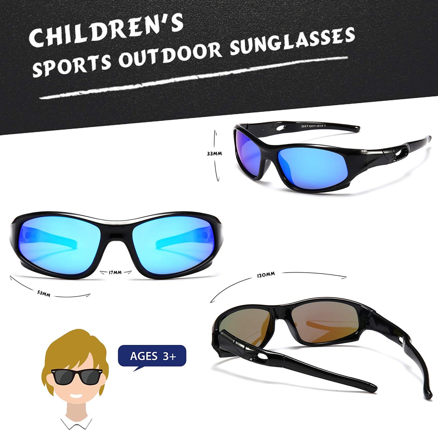 COASION Kids Sports Polarized Sunglasses with Strap 2 Pack Mirrored Glasses Shades for Boys Girls Age 4-12 (Black/Green Mirror+White-Red/Orange Mirror)