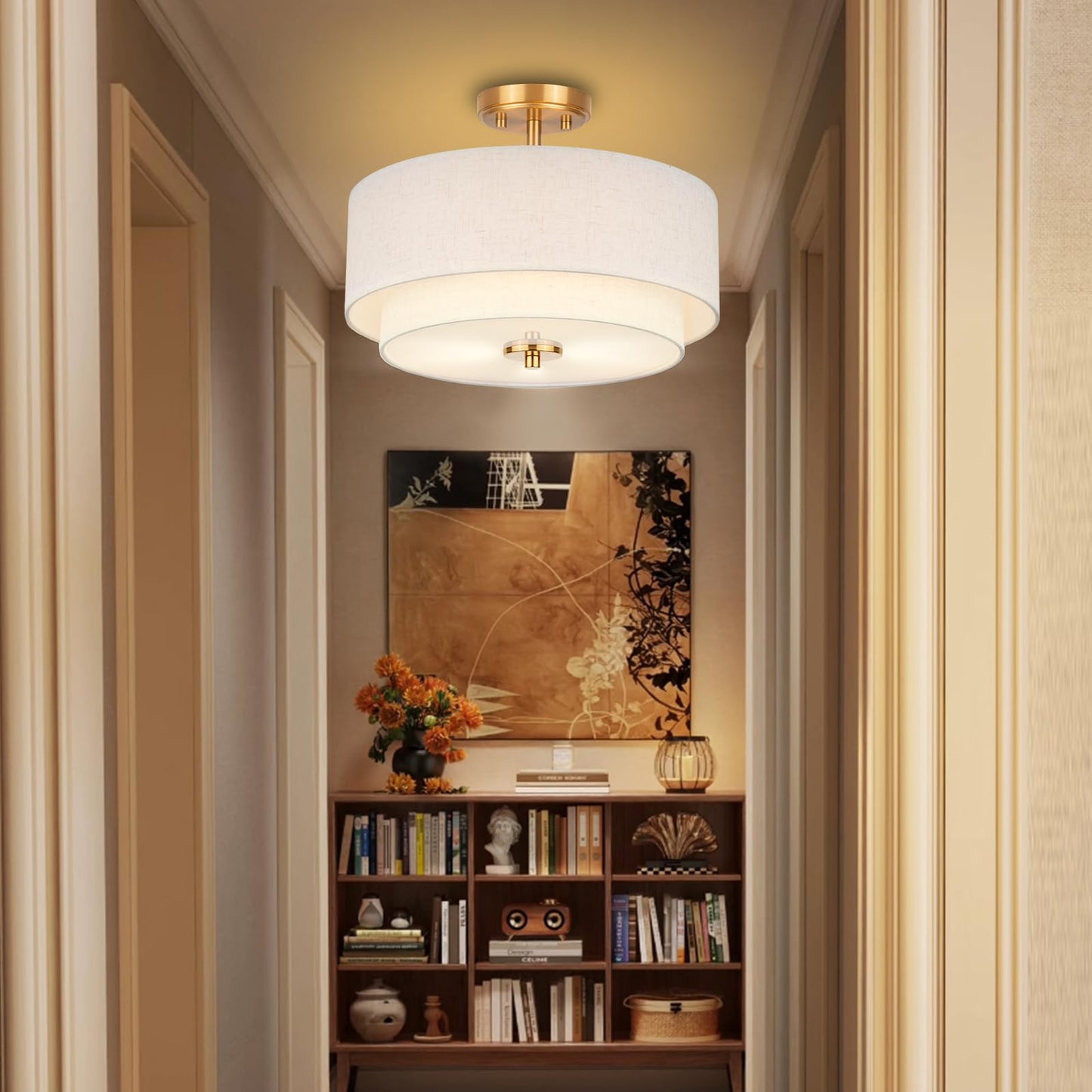 Edwarmlux 3-Light Semi Flush Mount Ceiling Light, 16" Drum Light with White Fabric Shade, Modern Close to Ceiling Lamp for Living Room Bedroom Dining Kitchen Hallway Entry (Brushed Gold)
