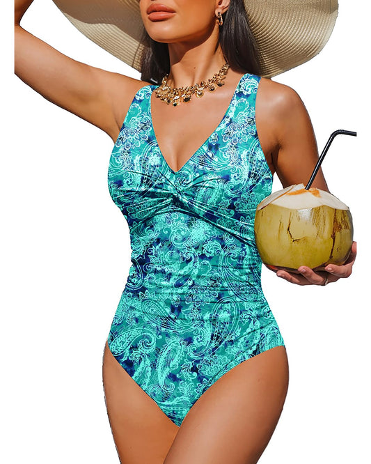 Holipick Green Paisley Tummy Control One Piece Swimsuit Full Coverage Bathing Suit XXL