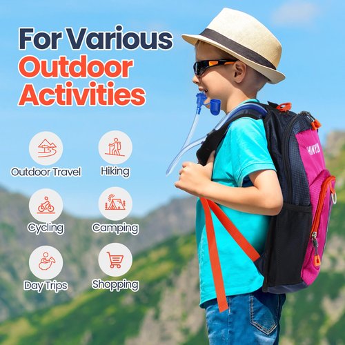 Shinylin 2 Pcs Kids Hydration Backpack with 1.5L Water Bladder Lightweight Kids Hiking Backpack Water Rucksack for Boys Girls Climbing Running(Blue, Purple,Classic)