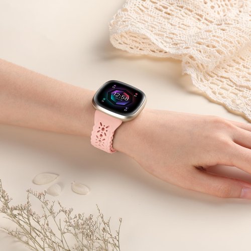 Dirrelo 4 Pack Hollow-out Band Compatible for Fitbit Versa 3/Versa 4/Fitbit Sense 2/Sense Bands Women,Soft Thin Lace Silicone Strap Replacement Wristbands Accessories for Versa 3 4/Sense 2/Sense Watch