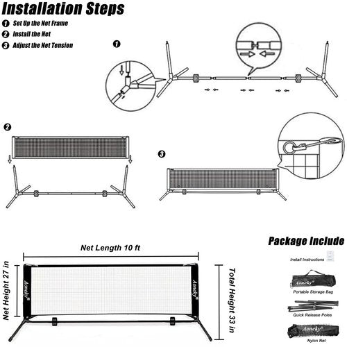 Aoneky Portable Pickleball & Tennis Practice Net - No Tools Easy Setup in Minutes, 10ft Freestanding Net for Driveway, Backyard, Indoor, Outdoor Use, Includes Carry Bag