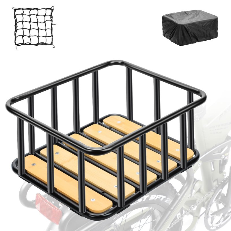 PIREKZUNT Bike Rear Basket with Waterproof Cover, Cargo Net, Wooden Base, 13.8"X11.8"X6.7" Heavy Duty Metal Ebike Rear Basket