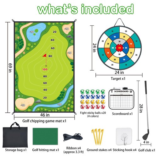 Golf Chipping Game Mat with Target, Hitting Mat, Practice Mat Outdoor & Indoor Golf Games for Kids & Adults,Sticky Score Playing Club & Balls for Backyard Garage Home Game
