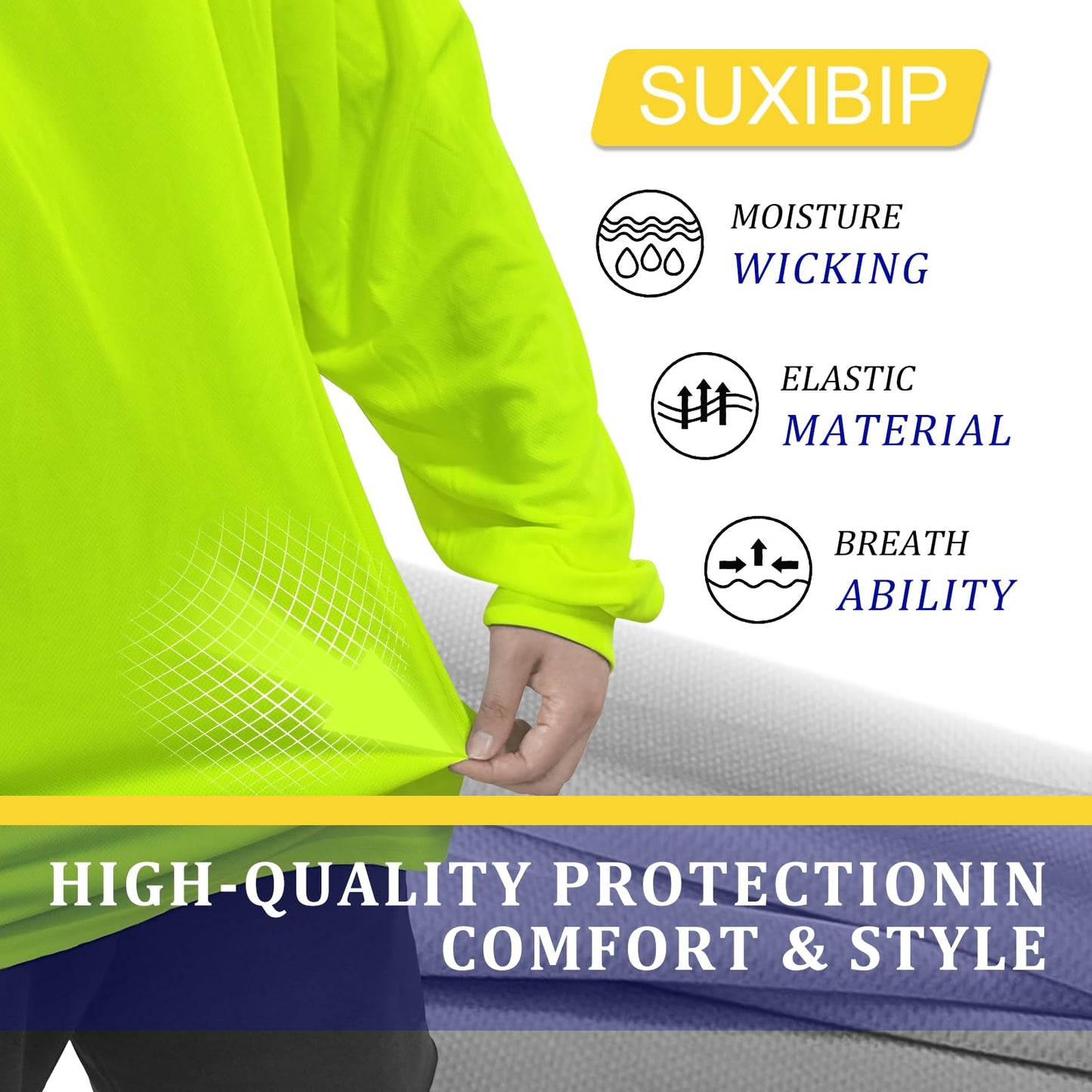 SUXIBIP Hi Vis Safety Hoodie, High Visibility Shirts for Men, Long Sleeve, Construction Work Shirts with Sun Protective Hood (Yellow, 3X-Large, 1 Pack)
