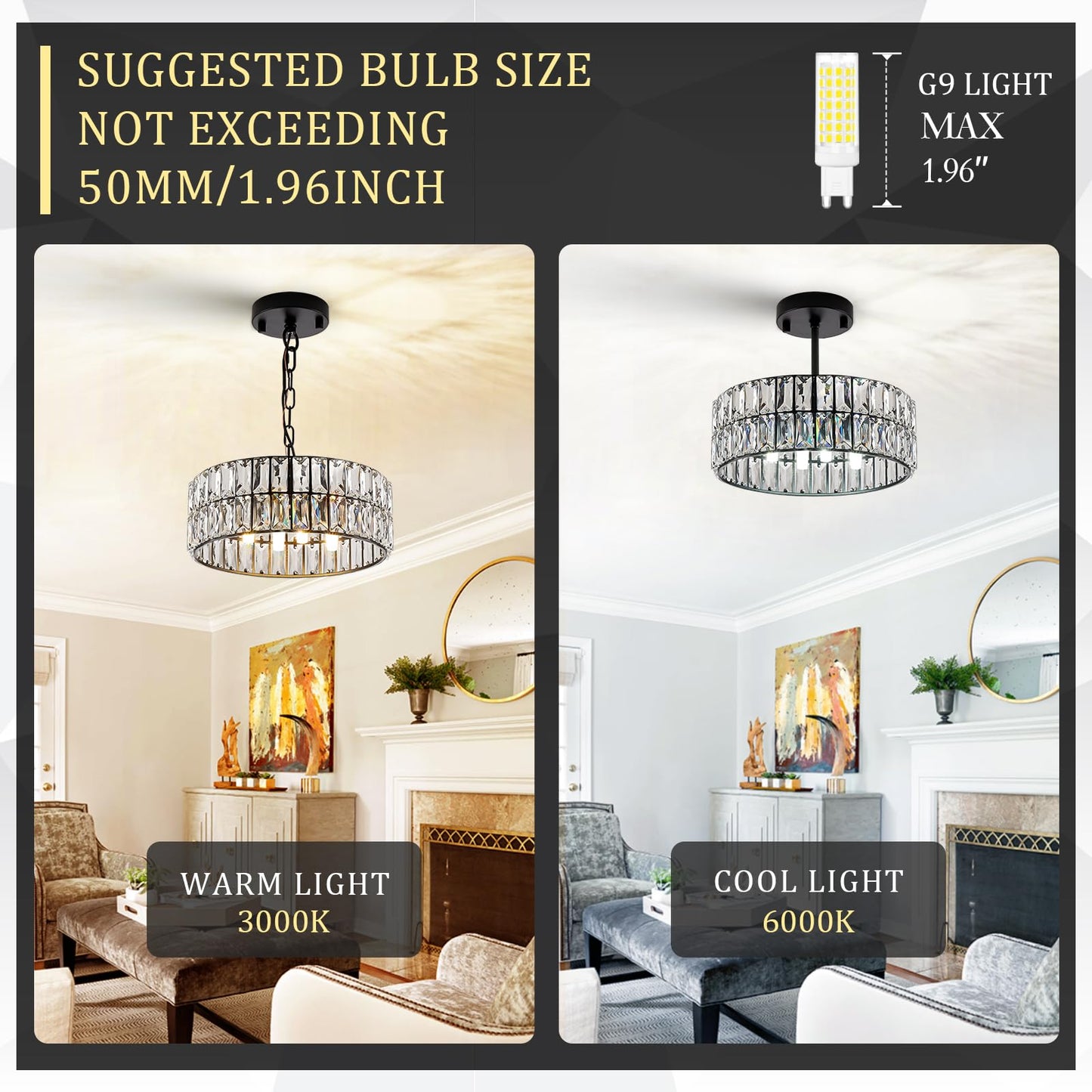 CATINER Crystal Pendant Light 4-Light Modern Black Chandelier Small 12” Crystal Semi Flush Mount Ceiling Light Round for Kitchen Island Foyer Hallway