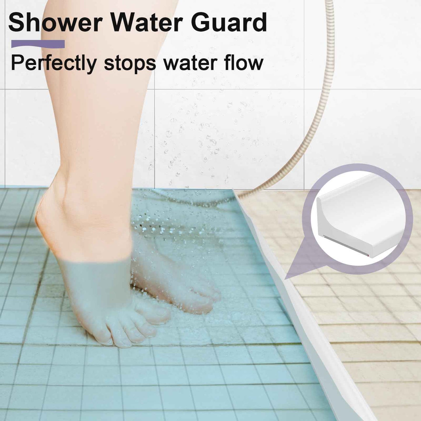 Hzetuu Shower Threshold Water Dam Barrier - Versatile, Silicone Shower Water Guard Stopper Seal Strip for Bathroom Floor, Bathtub Rim, Kitchen Countertop (White, 98 In/ 2.5M)