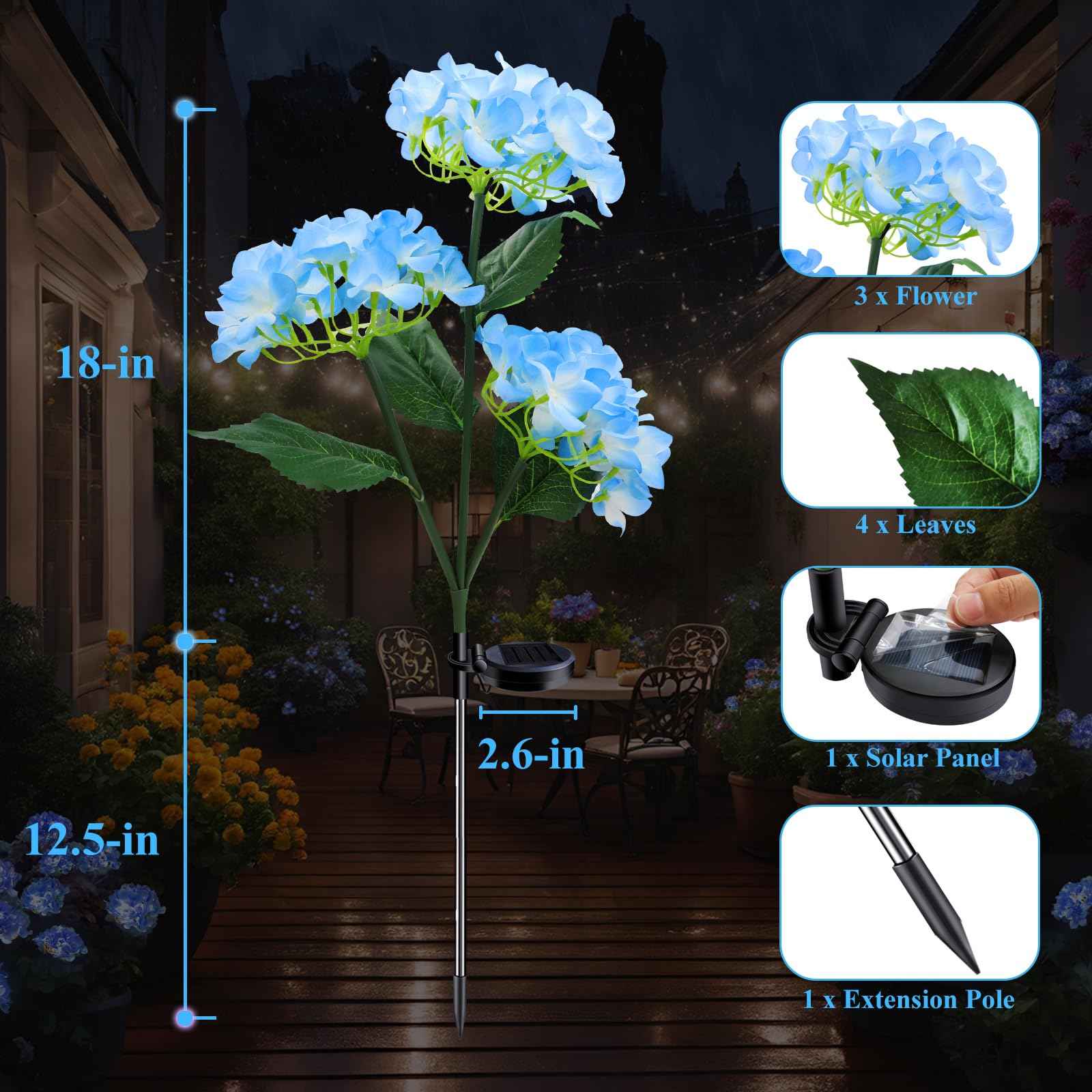 YAODEMA Garden Lights Solar Flower Light, LED Solar Powered Outdoor Light Decor for Path Yard Walkway Patio Balcony Lawn, Hydrangea Artificial Flower (Blue, 2)