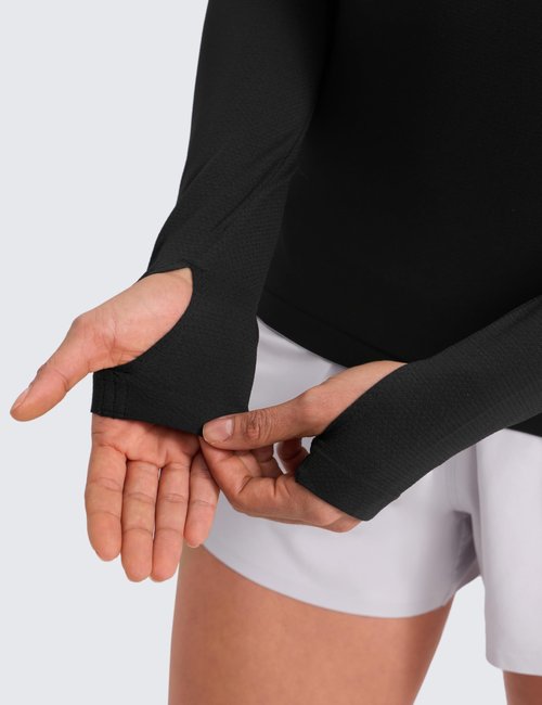 CRZ YOGA Seamless Long Sleeve Shirts for Women Hip Length - Workout Athletic Running Gym Yoga Tops Breathable Crewneck Tshirt Black Medium
