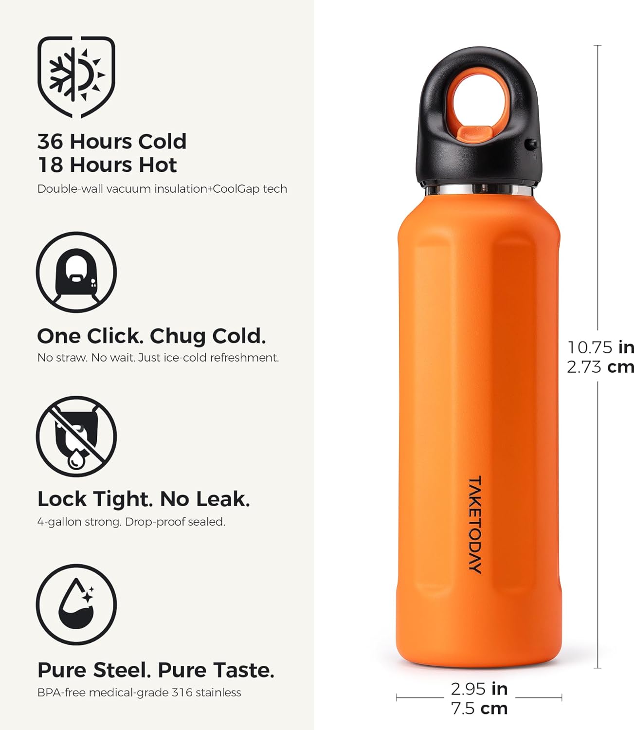 TakeToday 20oz Insulated Water Bottle - Stainless Steel Vacuum Thermos with Easy-Open Lid | Leakproof & BPA-Free, Orange
