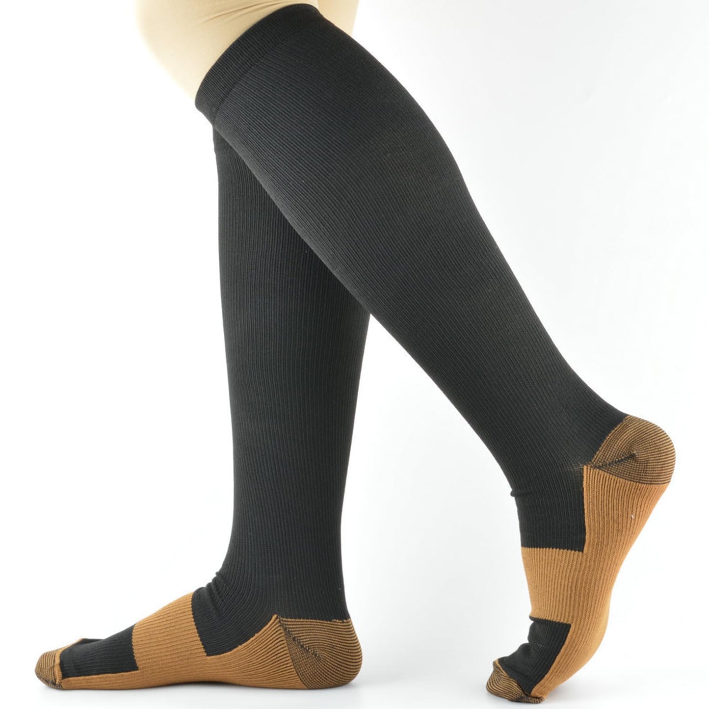 8 Pairs Copper Compression Socks for Men Circulation 15-20 mmHg Knee High Stockings for Running Hiking Climbing Cycling (US, Alpha, One Size, Regular, Regular, Black&Brown)