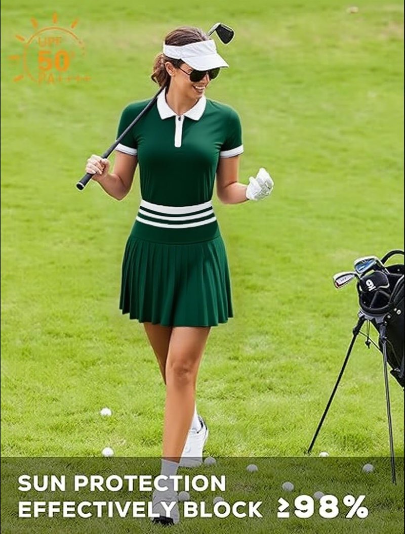 Tennis Skirt Sets for Women Zipper Color Block High Waisted Golf Polo Two Piece Skirt Set Women 2 Piece Outfits Green
