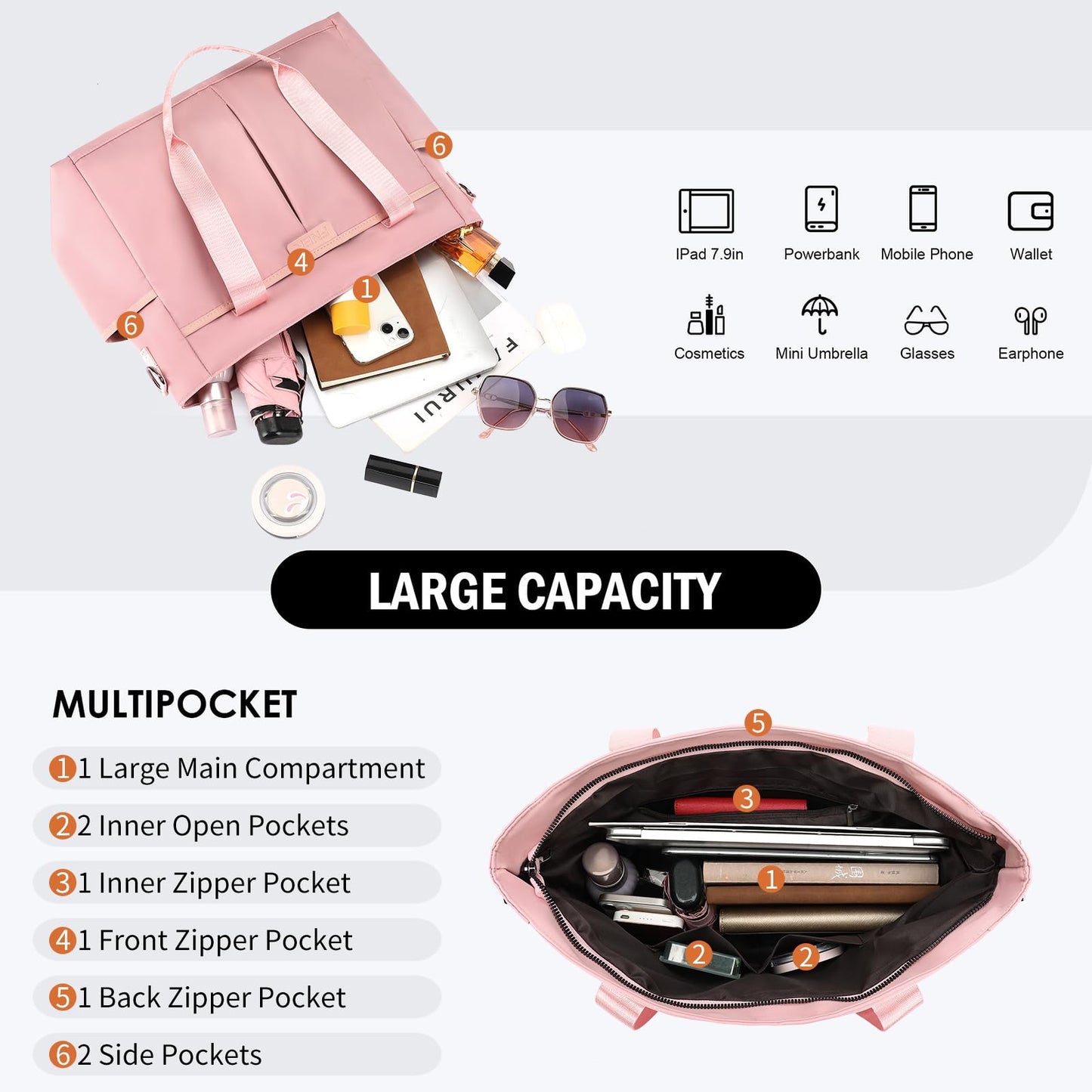 AMXNX Tote Bag for Women with Zipper Travel Large Crossbody Shoulder Bag Handbag Water-resistant Nylon with Multi Pockets