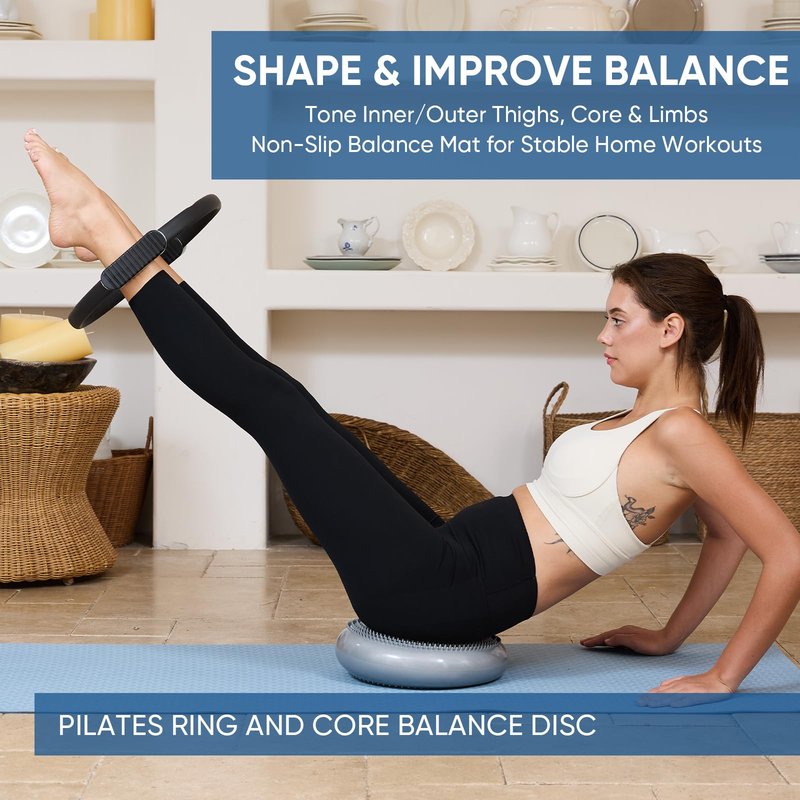 MonDAY To SunDAY Better Me Pilates Kit with Pilates Ring Air Balance Board Resistance Band,Canvas Bag Storage with Guides, Balance Ball Fitness Circle Elastic Bands for Home Gym (Tracie Silvers)