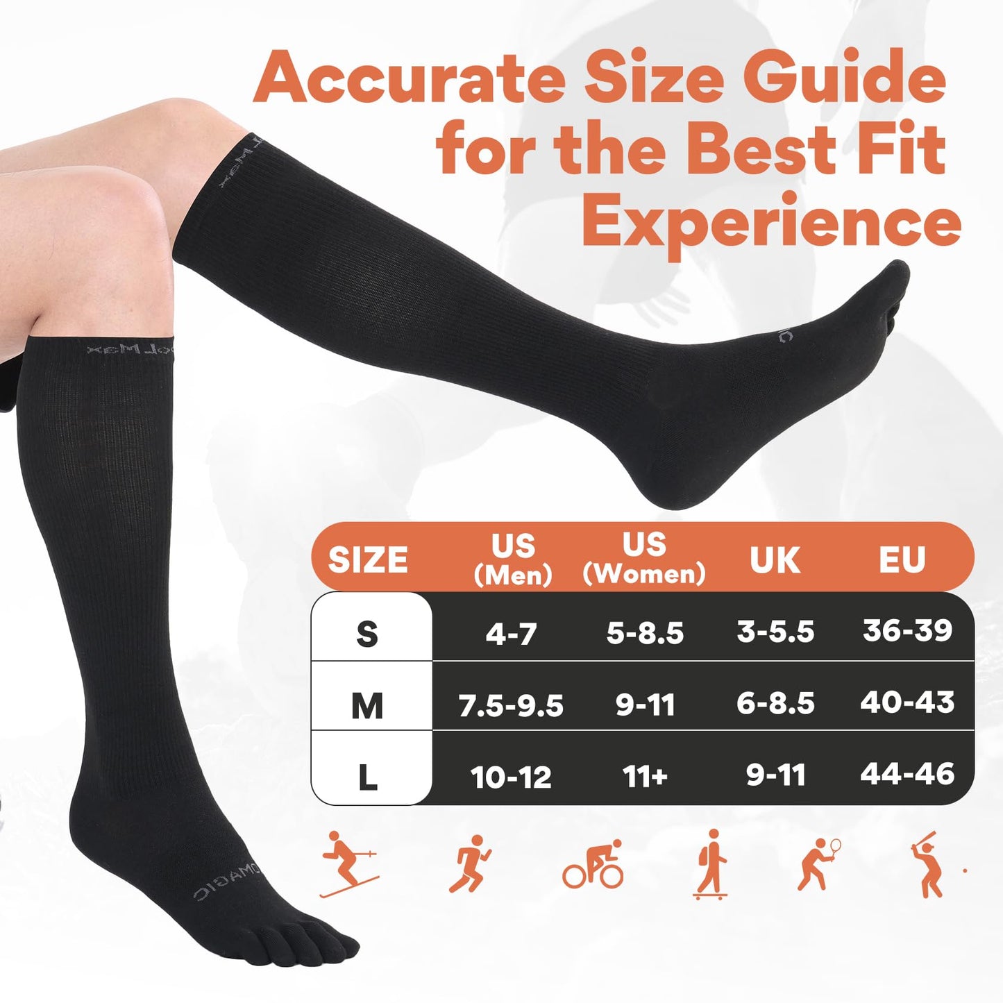 aomagic Knee-High Toe Socks - Coolmax 5-Finger Athletic Hiking Socks, Anti-Blister & Moisture-Wicking, 3 Pairs/Black - Large