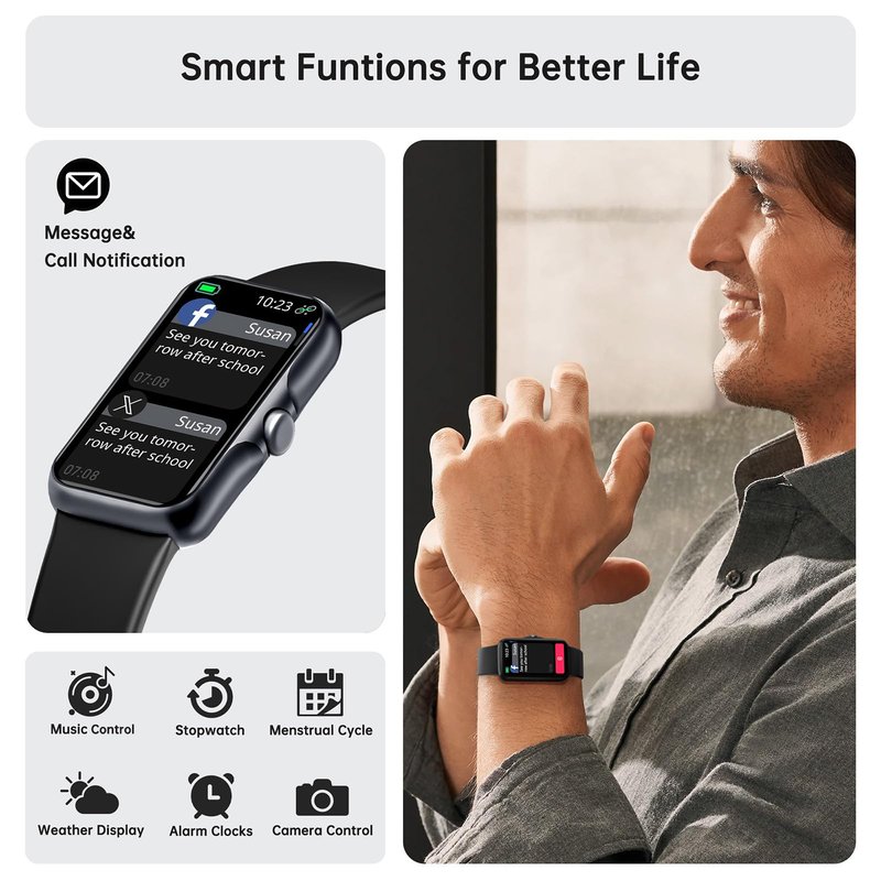 Health Fitness Tracker, Smart Watch with 24/7 Heart Rate and Blood Oxygen Monitor, Sleep Tracker with IP68 Waterproof, Activity Tracker Pedometer Step Counter for Women Men (Black)