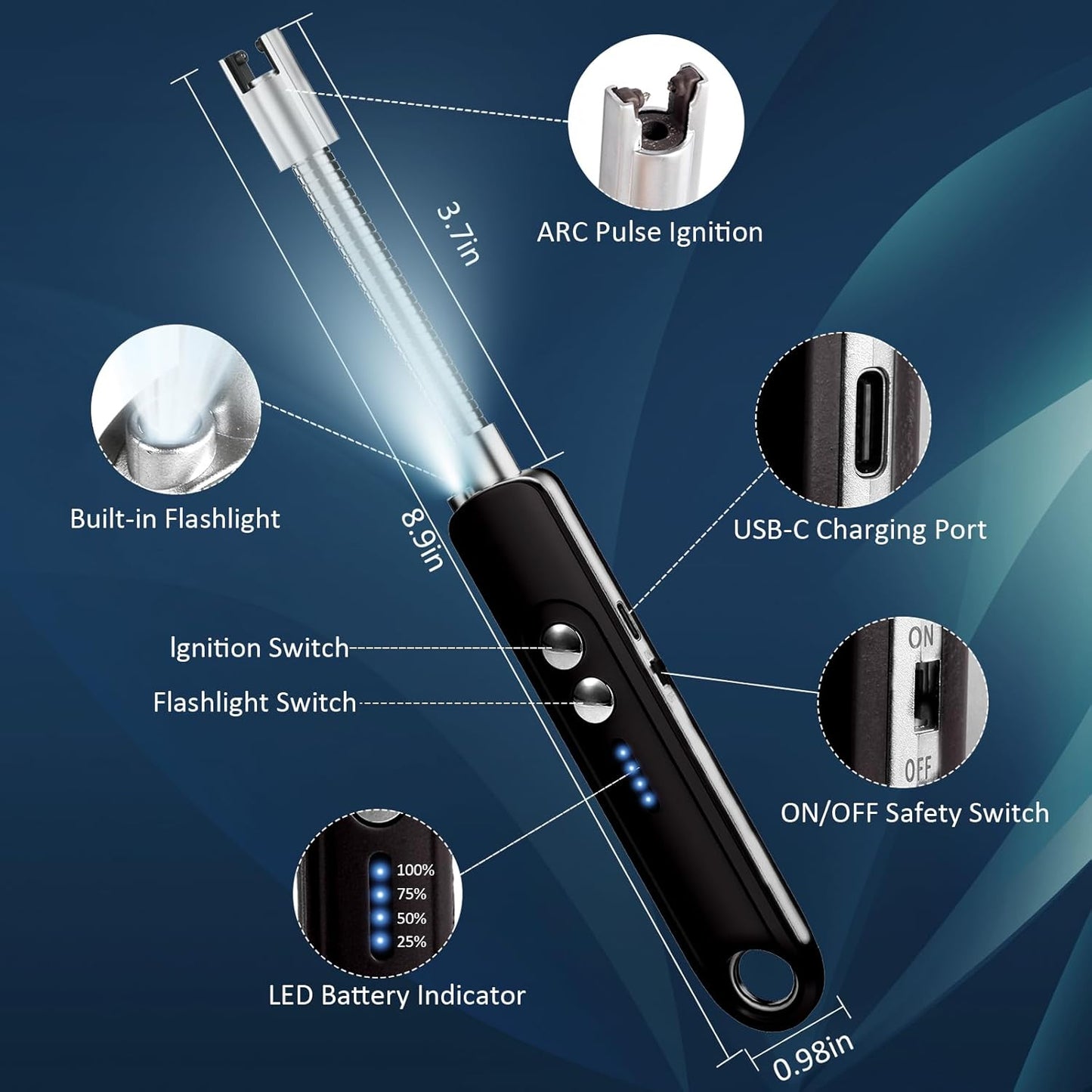Skiennix Flameless Plasma Arc Electric Lighter - USB Rechargeable, Long Flexible Neck, Safety Switch | Black