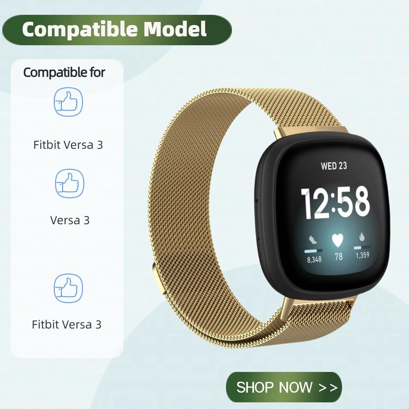 QIEMUTER Band with TPU Case Compatible for Fitbit Versa 3, Stainless Steel Mesh Magnetic Clasp, Adjustable and Breathable Strap for Men and Women (Gold)