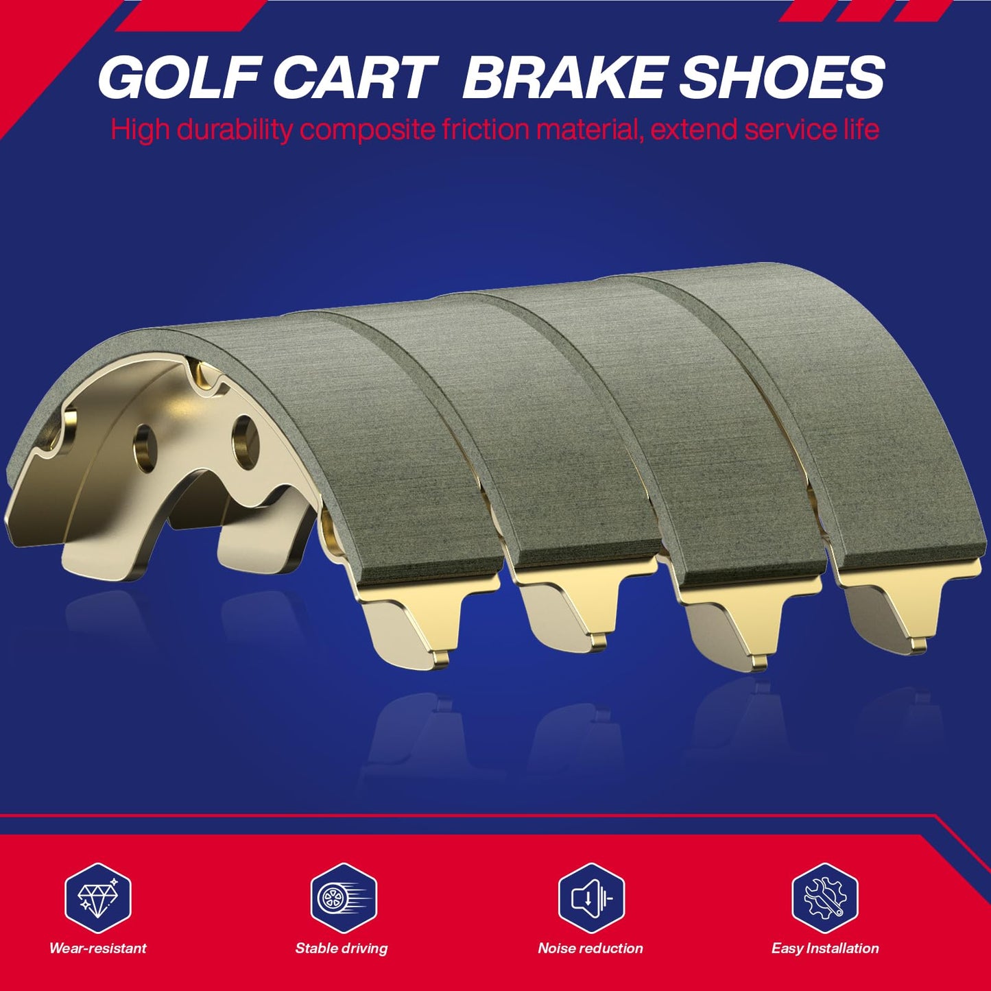 SUPGCPER Golf Cart Universal Brake Shoes, Golf Cart Brake Shoes Fit 1995-UP Club Car DS, 2004-UP Precedent, 1986.5-1995 EZGO, Yamaha G1 G2 G8 G9, Replace OEM# 101823201 23364G1 (2 Short & 2 Long)