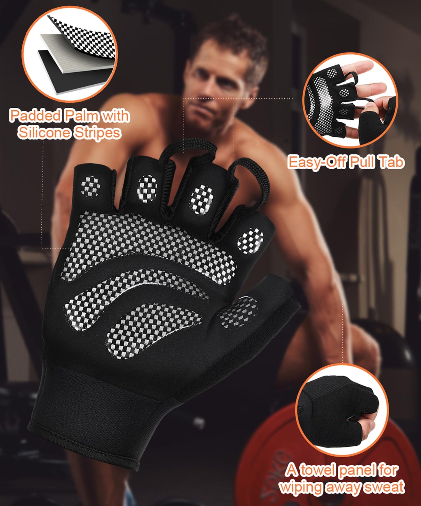 sunnex Gym Gloves for Men & Women - Breathable Weight Lifting Gloves with High-Grip Silicone Padding, Fingerless Workout Gloves for Cycling, Rowing, Pull Ups & Strength Training (Black, Larger)