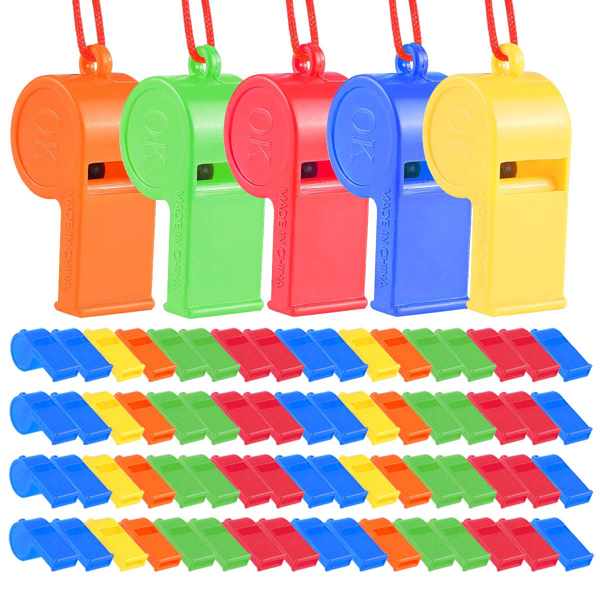 WSYUB 72Pcs Plastic Whistles, Bulk Whistles, Training Sports Whistles with Lanyard