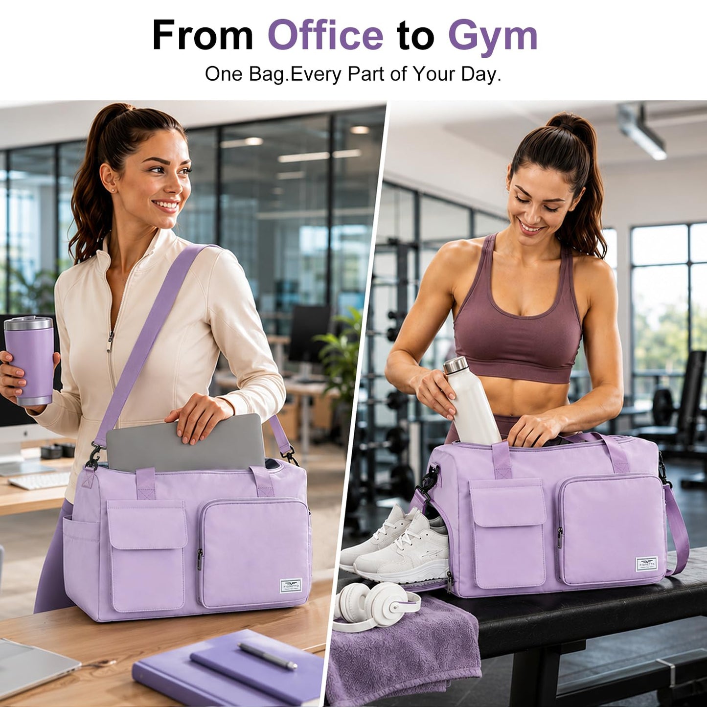 FIORETTO Women's Gym Duffle Bag with Shoes Compartment, 30L Capacity, Ideal for Travel, Gym, Sports, Duffel, Weekender, with Toiletry Bag, Lavender