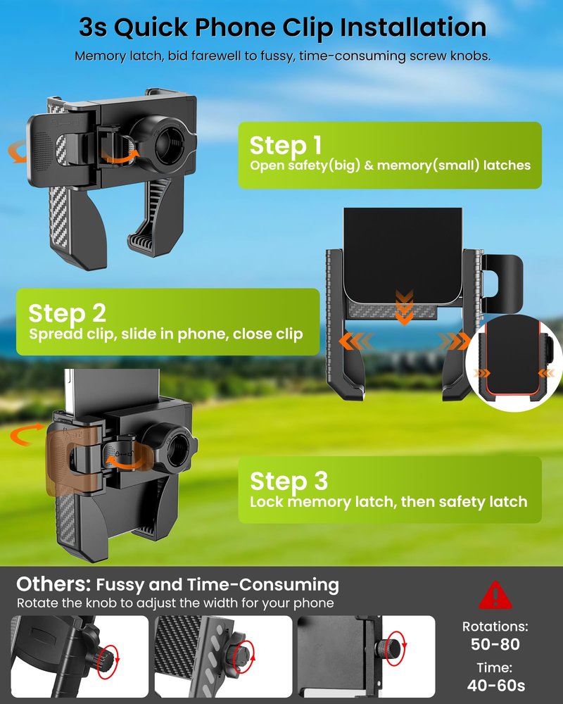 Smerkod Golf Cart Phone Holder Mount - 3s Phone Clip Install, 1s Lock & Release，Phone Caddy for iPhone Galaxy & More Fits Yamaha Club Car EZGO Icon, Golf Cart Accessories Essentials Gift for Men Women