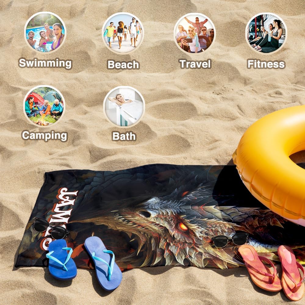 Personalized Dragon Beach Towel - Custom Black Dragon Design for Kids & Adults | Large Size