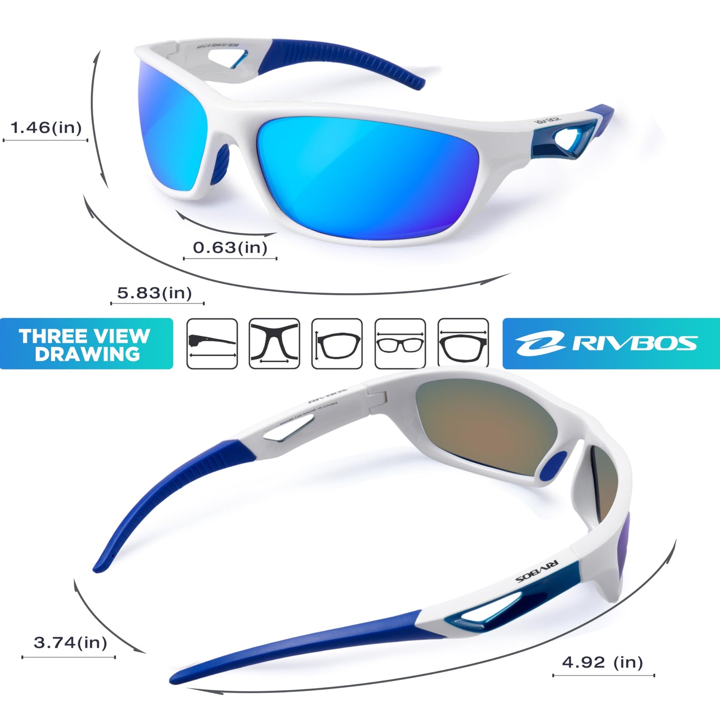 RIVBOS Polarized Sports Sunglasses Driving Sun Glasses Shades for Men Women Tr90 Frame for Cycling Fishing Running RB831 White Frame/Blue Lens