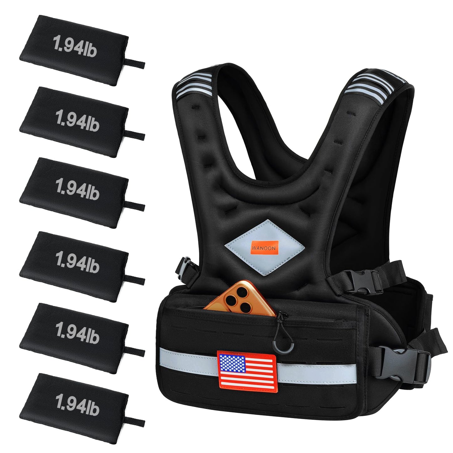 Adjustable Weighted Vest for Men & Women, 6-10lb/8-20lb/8-30lb, with Storage Pockets & Reflective Strips for Walking, Running, Rucking & Strength Training (Black, 8-20LB)