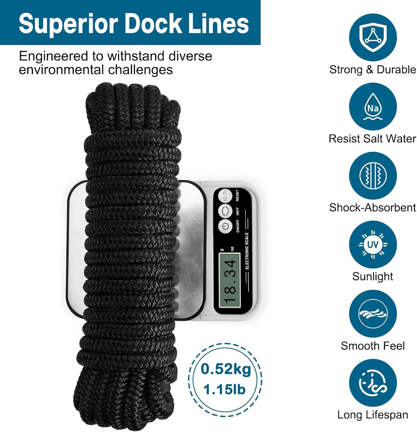 Premium Marine-Grade Dock Lines by [Brand Name] | 4 Pack 1/2" x 15’ Double Braided Nylon with 12" Eyelet - Black