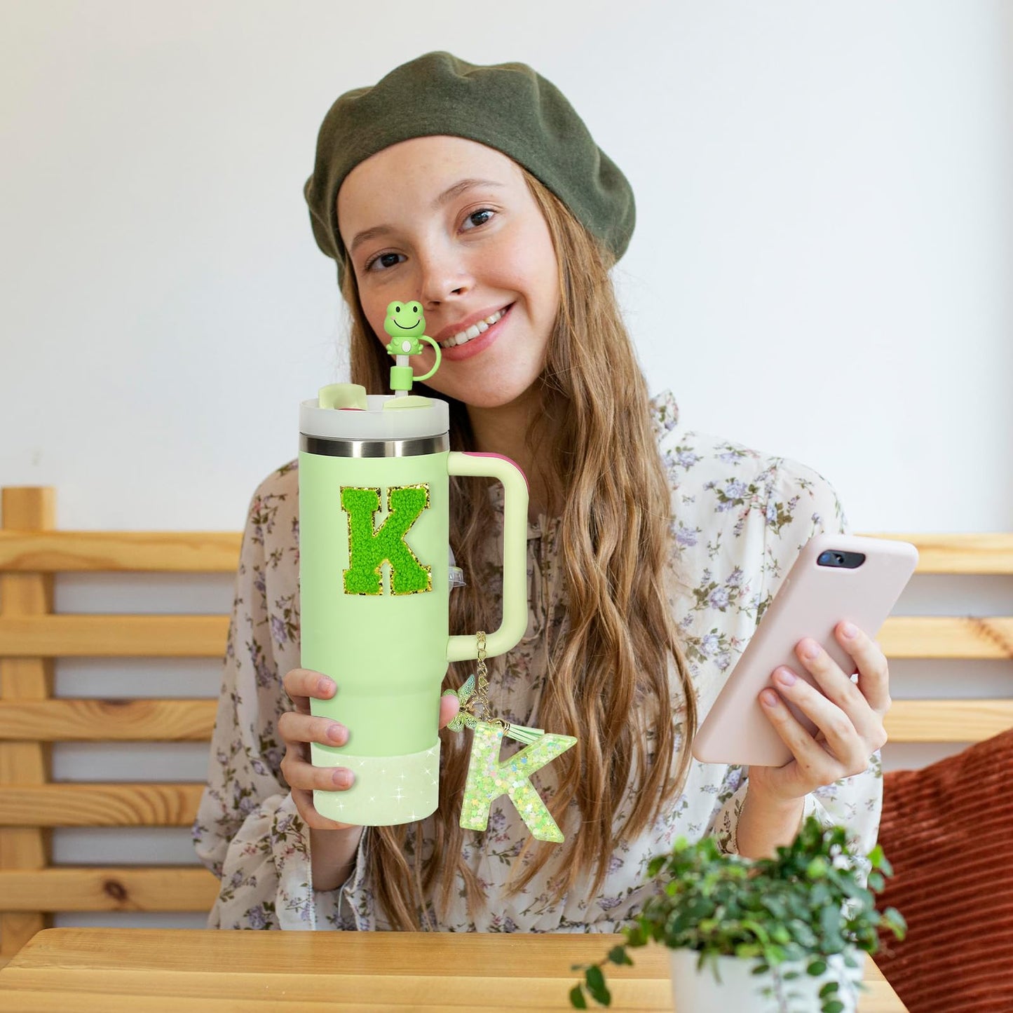 Liangang 8PCS Green Cup Accessories Set For Stanley 30oz 40oz,Including Boot,Spill Proof Stopper,2PCS Stanley Straw Cover and 2PCS Sticker Letter (Letter K)
