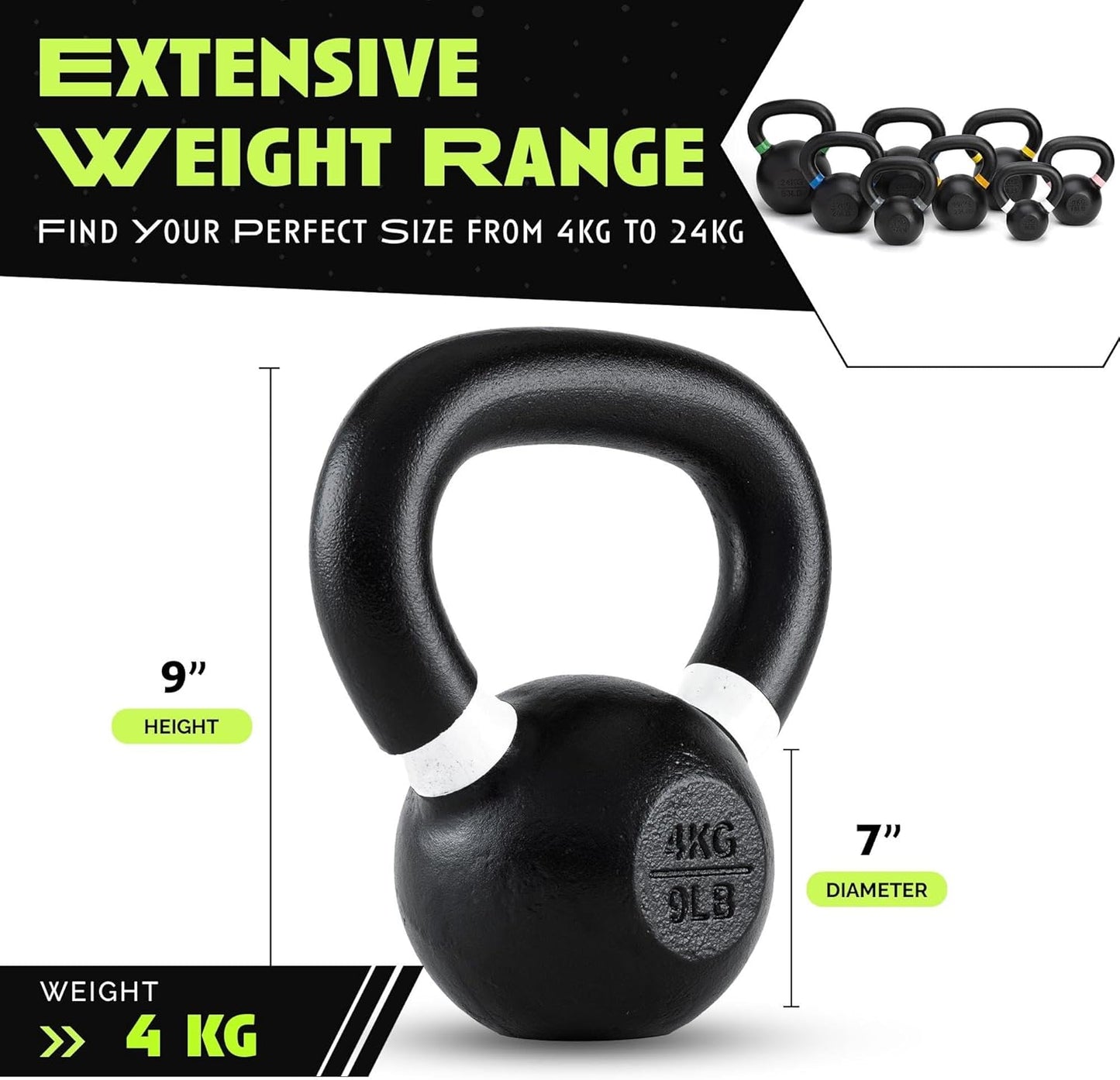 Rage Fitness Cast Iron Kettlebell - Powder Coated, Wide Handle for Core & Glute Workouts | Strength & Endurance