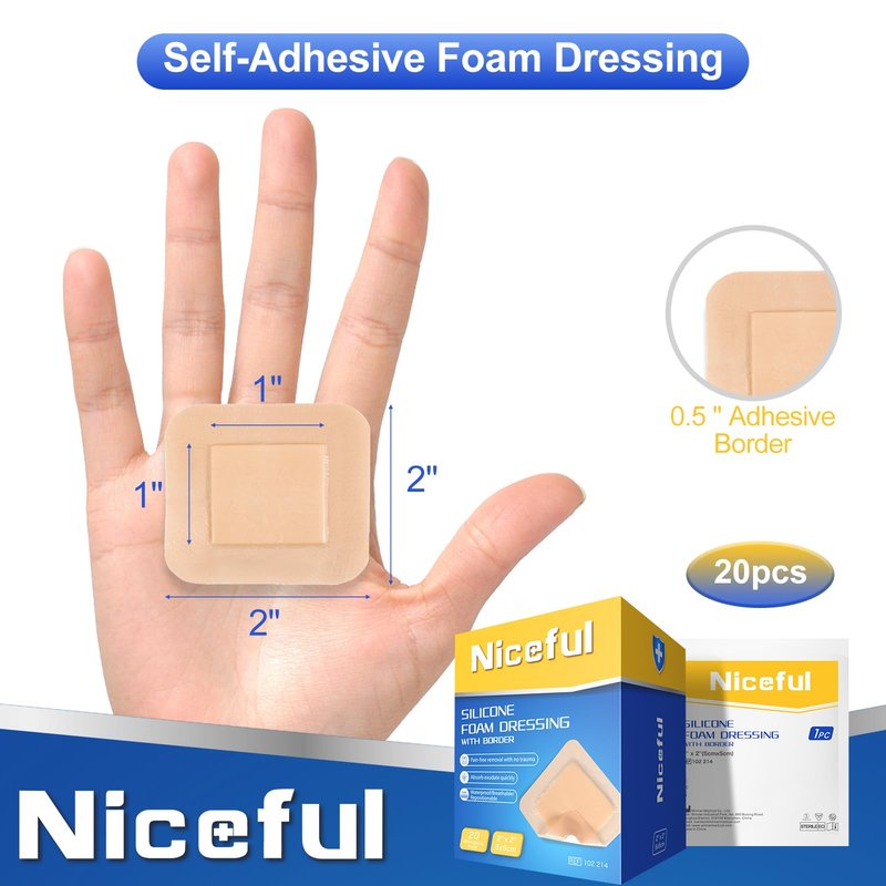 Niceful 20 Count Silicone Foam Dressing Gentle Border 2 x 2 inch, Absorbent Silicone Bandages for Wounds, Waterproof Bed Sore Bandages Wound Dressing