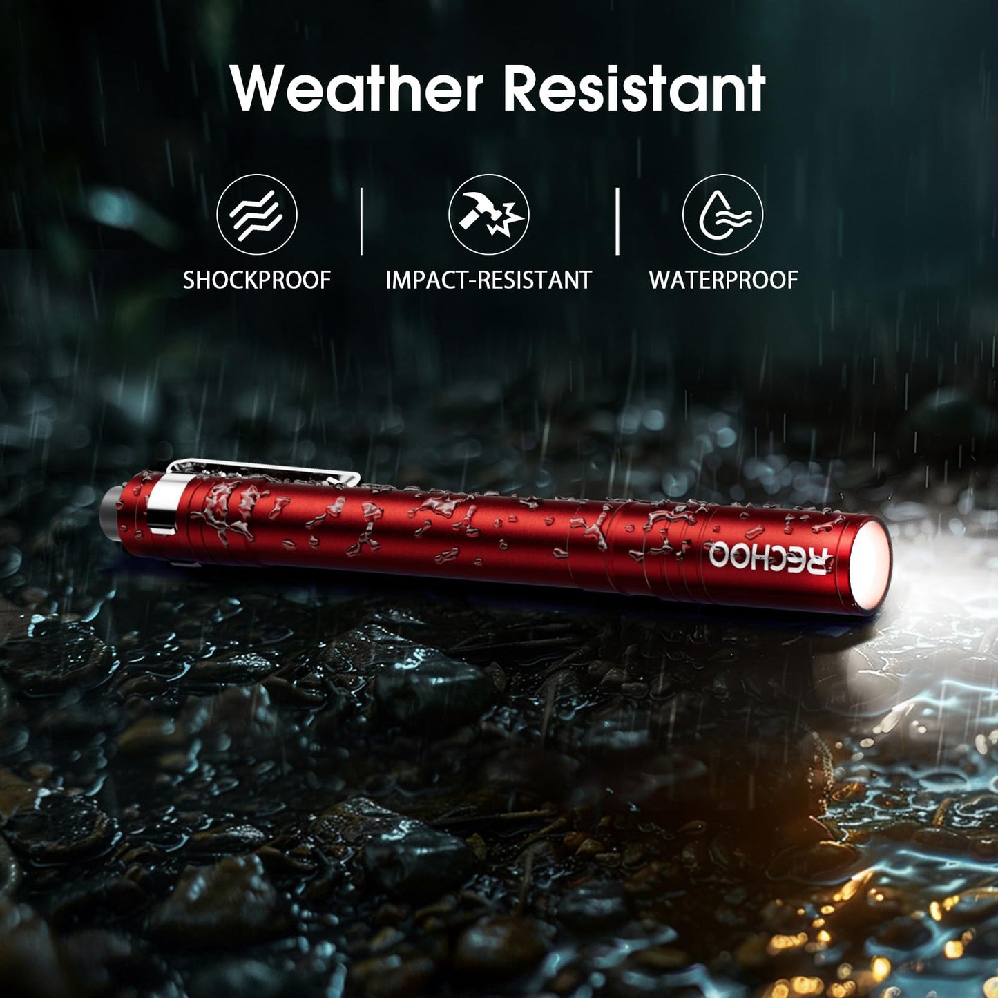 RECHOO LED Pen Light 4 Pack, Lightweight, Small Bright Pen Flashlight with Clip, Waterproof Portable Pocket Flashlight for Home, Emergencies, Inspection, Red (Battery Included)