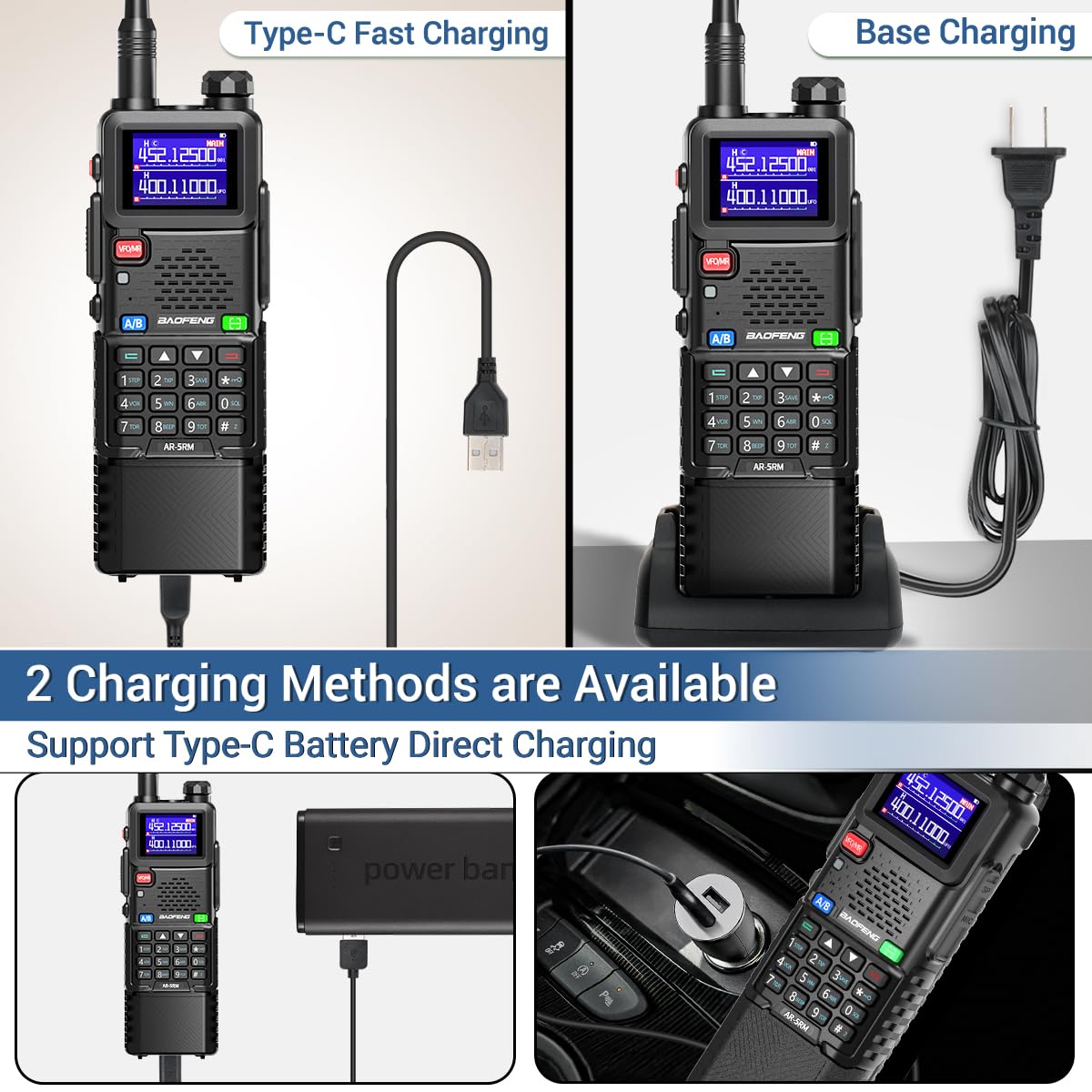 Ham Radio Baofeng Radio10W 5RM FM Radio Handheld Two Way Radio Long Range AR-5RM NOAA Weather Radio DTMF Walkie Talkies Copy Frequency 999CH USB-C Charger 3800mAh Battery Survival Radios (2 Pack)