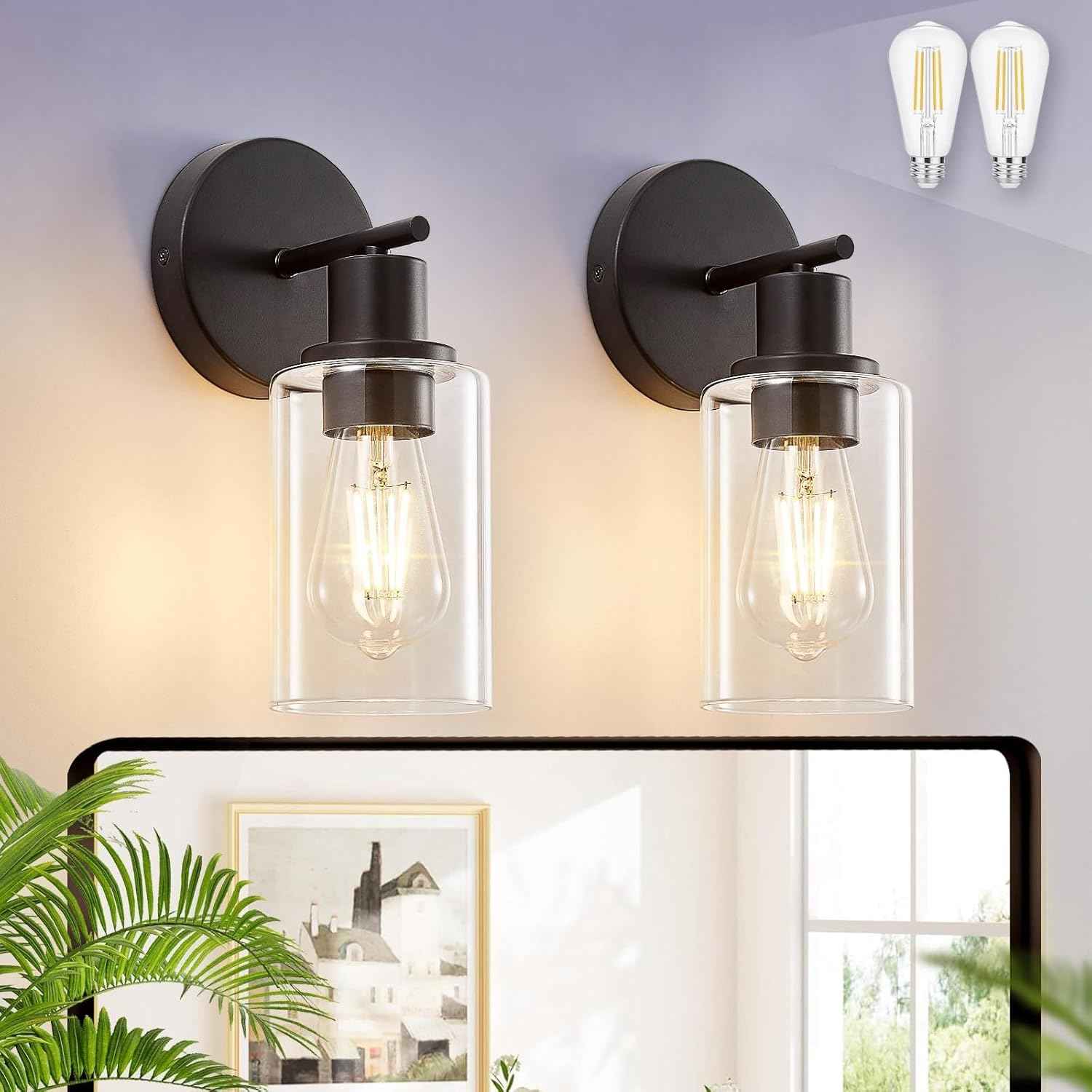 Modern Black 3-Light Bathroom Vanity Light Fixture with Clear Glass Shades - 2 Pack