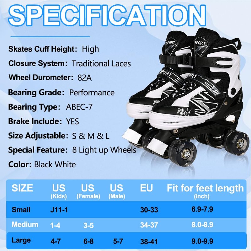 SYXKJ Boys Girls 4 Size Adjustable Kids Roller Skates for Children Toddlers Beginner with All Light Up Wheels, Birthday Gift for Outdoor Indoor Sports (Black White, Large)