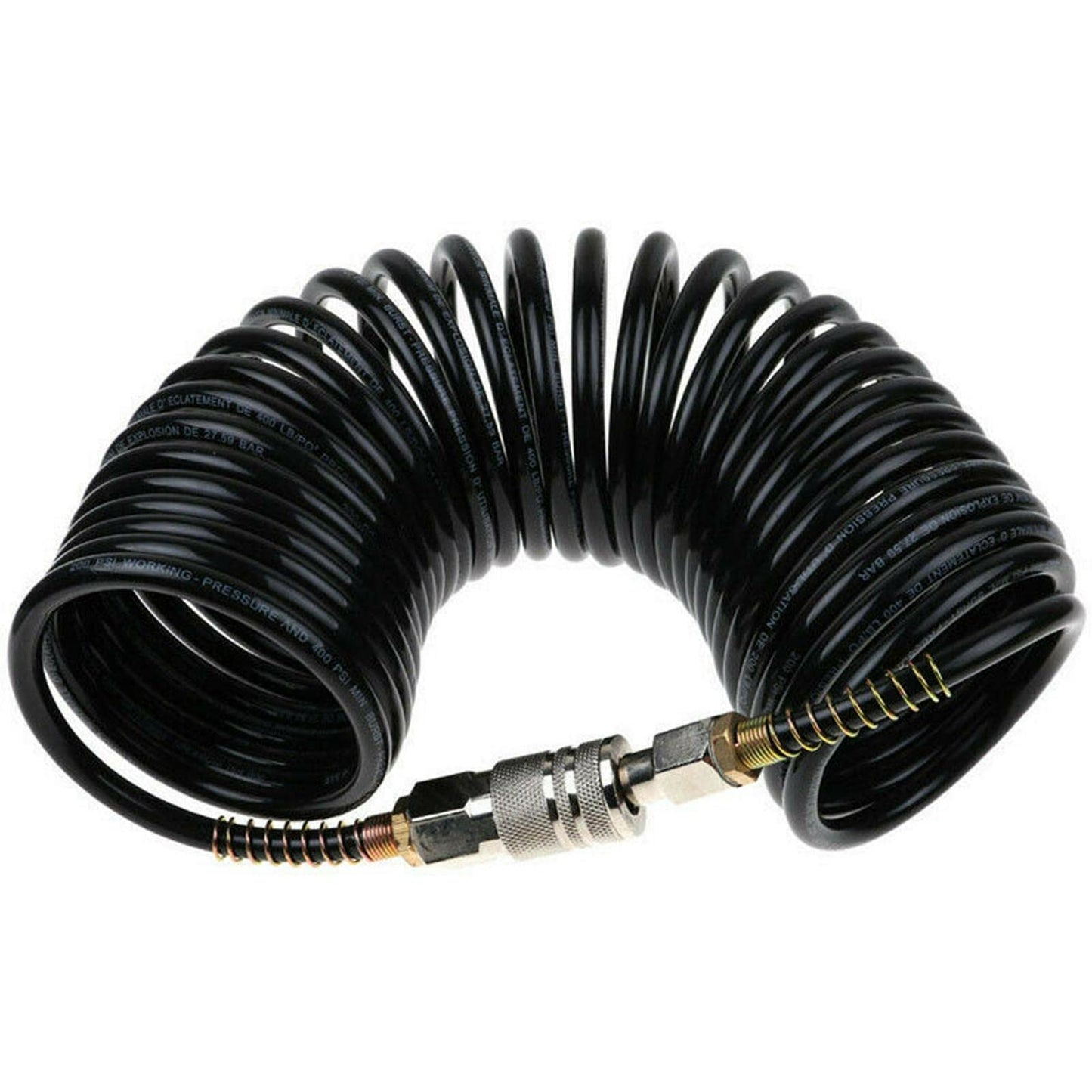 25ft Air Compressor Hose with Bend Restrictor and 1/4 Quick Coupler - Coiled Flexible Air Hose with Solid Copper Connectors
