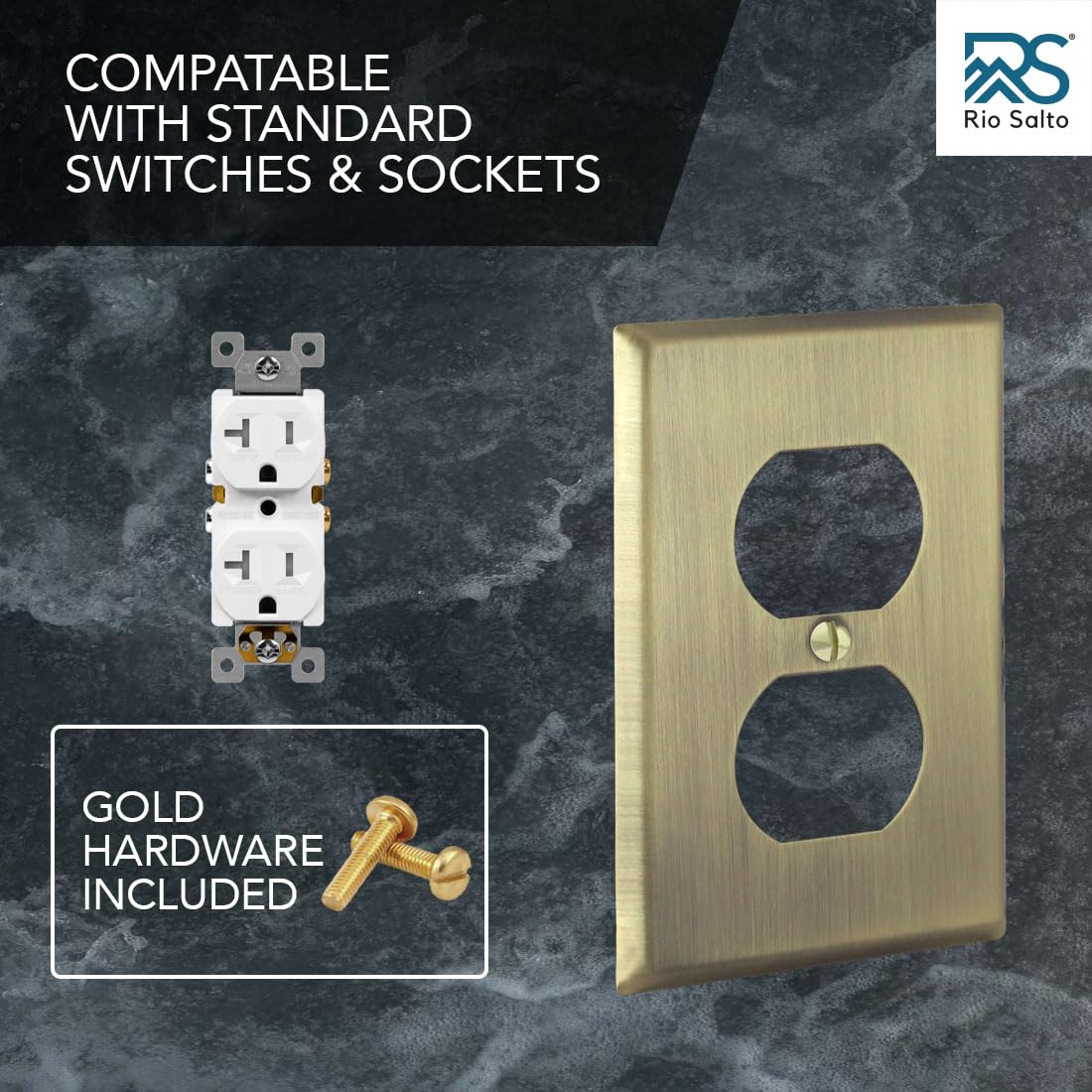 Rio Salto BRASS Outlet Duplex Antique Gold Metal Outlet Cover STANDARD SIZE Light Switch Cover Wall Plate Single Receptacle Wallplate Covers Single Gang Matte Gold Finish (Duplex, 1-Gang)