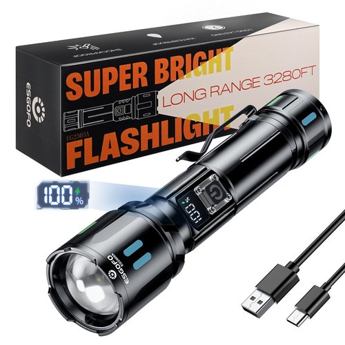Esgofo Rechargeable Flashlights High Lumens 100000, Single Click Button Design, Super Bright 30W LED, Long Lasting 15H, USB C Input & Output, LCD Power Display, 6.69” Length, for Camping Hiking Home