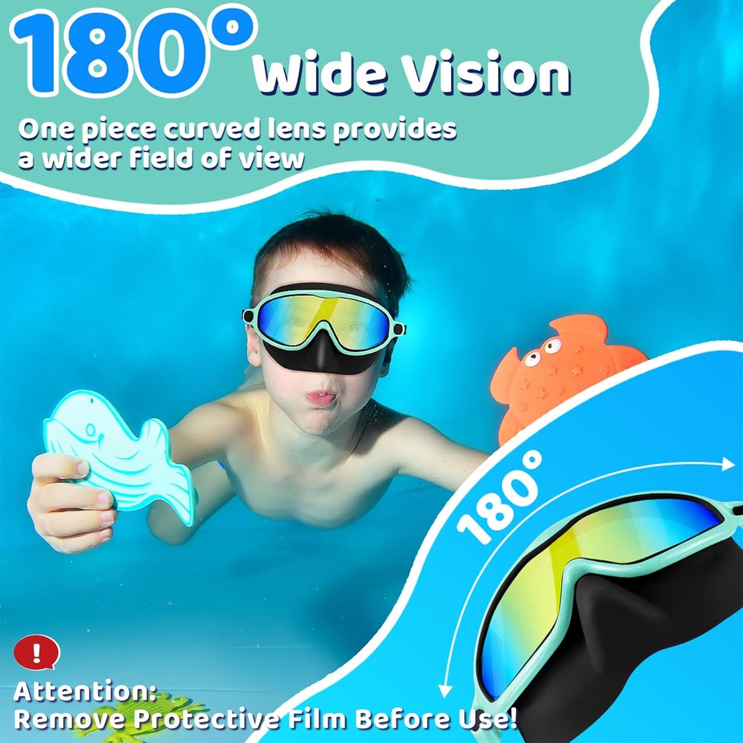 Vvinca Swim Goggles - Anti-Fog Wide View Diving Mask with Nose Cover | 2-Pack for Kids Ages 3-15