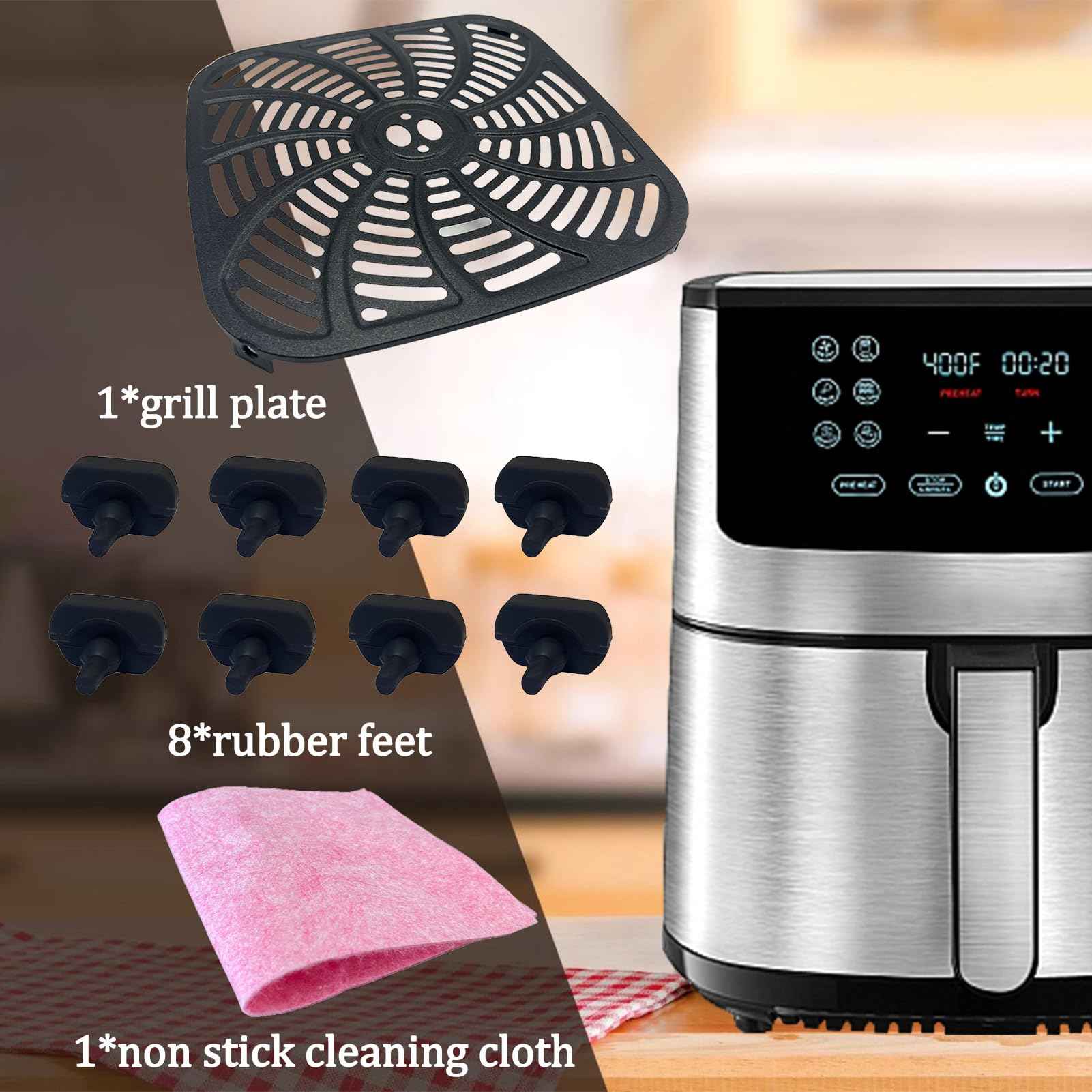 GSZN 8QT Square Air Fryer Grill Plate for Gourmia GAF838 Air Fryers, Upgraded Nonstick Air Fryer Grill Pan Insert Rack Crisper Tray Plate Grate Grid Shelf for Gourmia 8QT Air Fryer, Dishwasher Safe