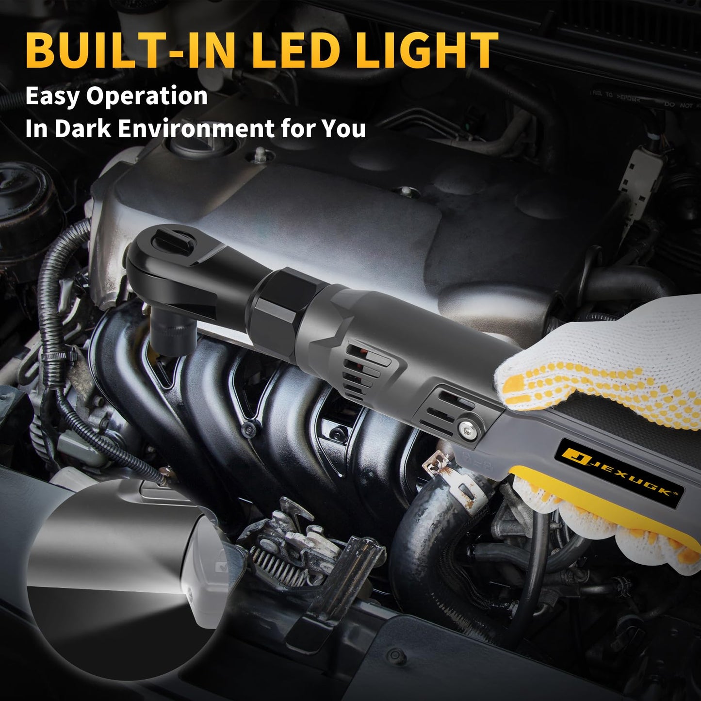 JEXUGK 120Nm Cordless Ratchet Wrench, 3/8" 89 FT-LBS Brushless Ratchet Set with 2 x 2.0A Battery, 21V Electric Matraca Electrica with Variable Speed 7Sockets,1/4" Adapter,1/2" Adapter,3" Extension Bar