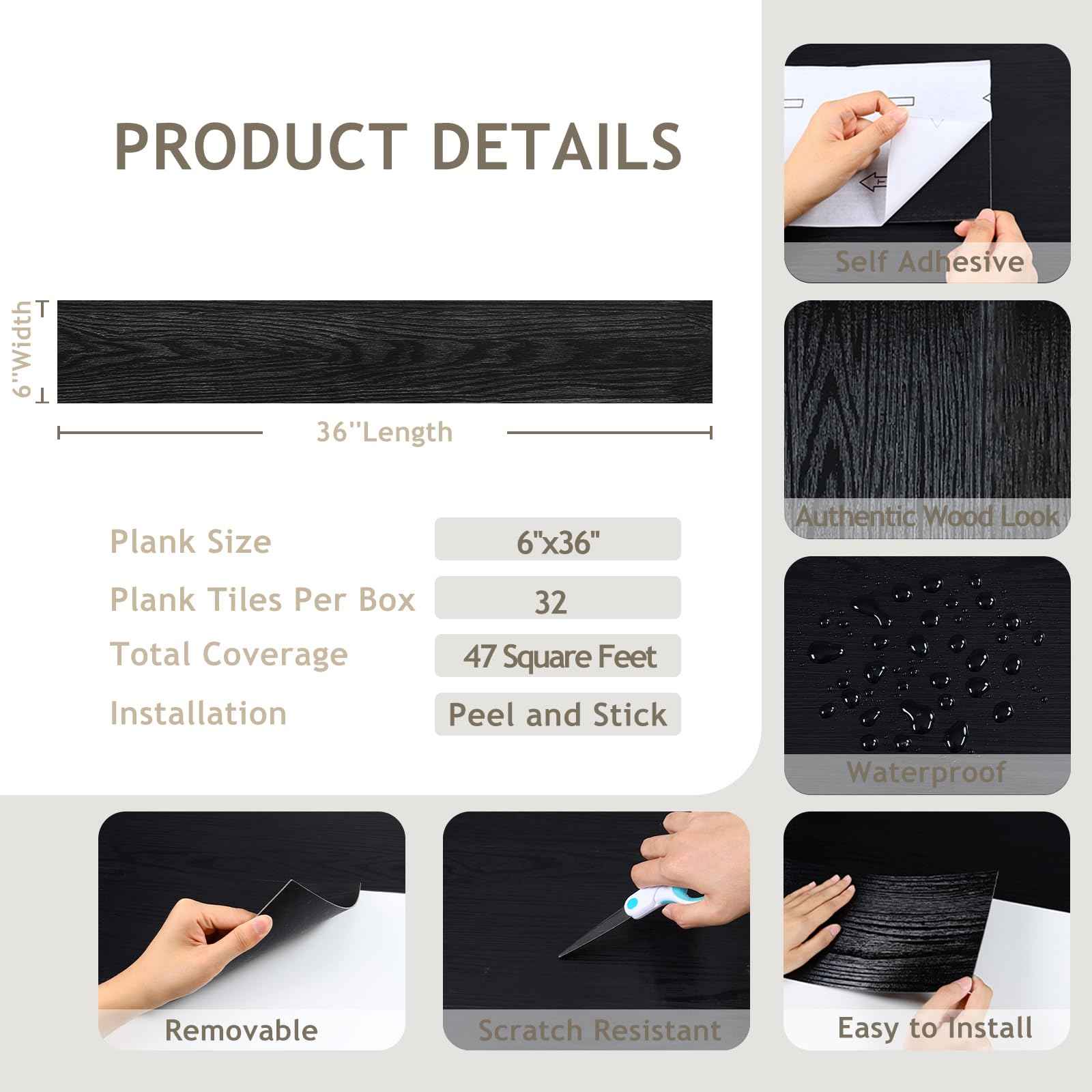 VEELIKE Black Peel and Stick Floor Tile Waterproof Vinyl Plank Flooring with Low Gloss Finish Adhesive Wood Look Flooring 32-Pack 47 Sq. Ft. Sticky Floor Tiles for Bedroom Bathroom Kitchen 6''x36''